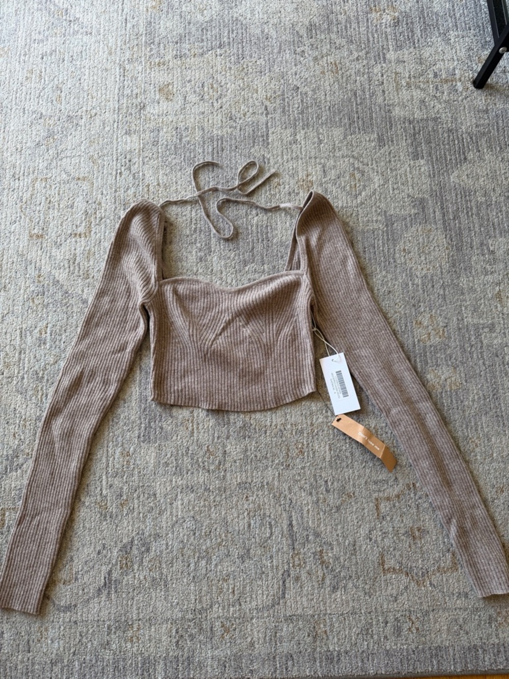 Ribbed Square Neck Cropped Knit Top - Taupe